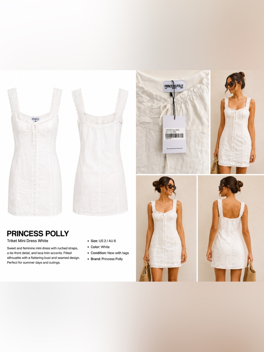 Princess Polly White Triket Mini Dress with Ruched Straps